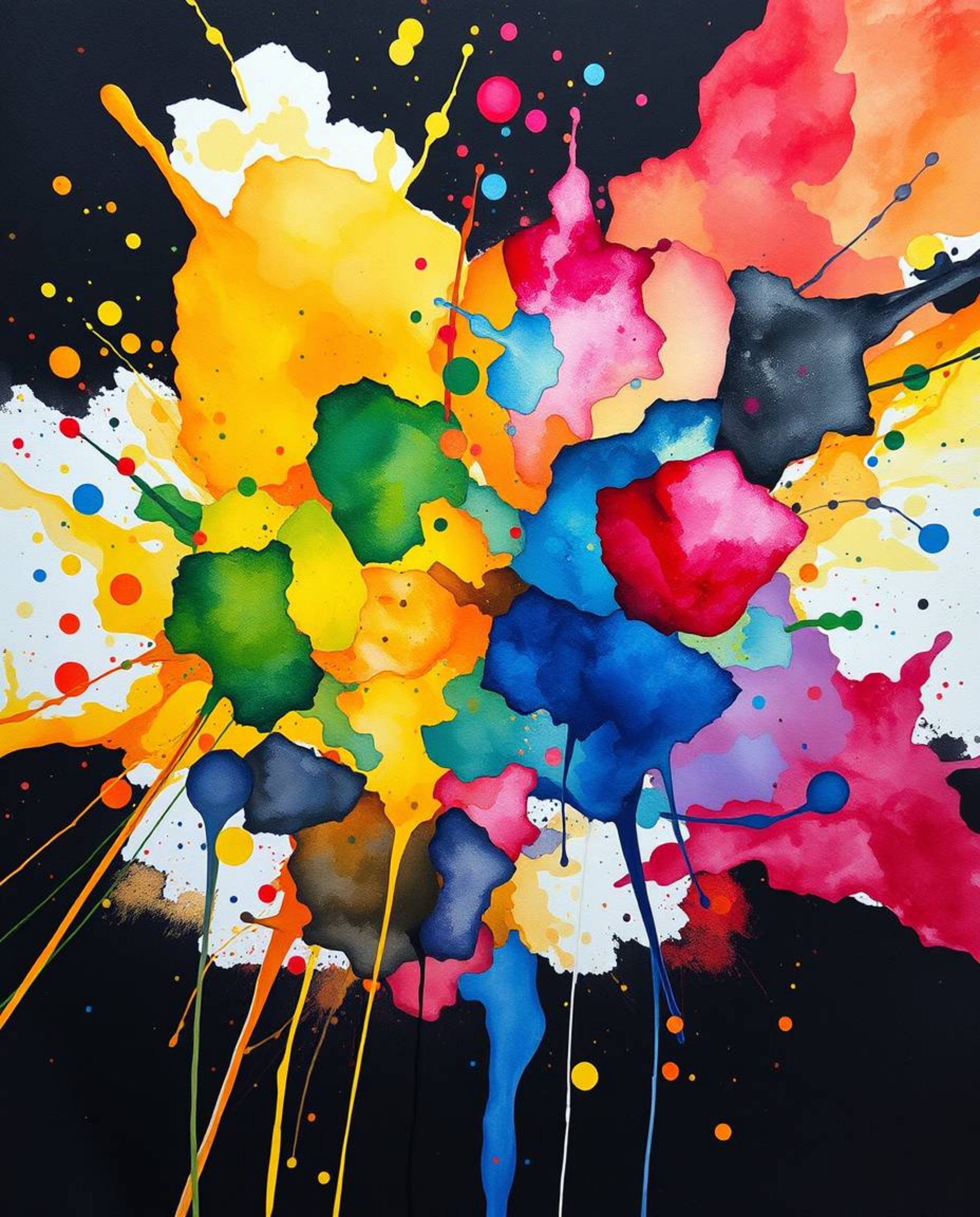 Experience the captivating beauty of vibrant watercolor splashes blending in chaotic harmony.  This abstract artwork features