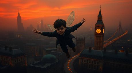 A young boy sprinkled with pixie dust soars above a captivating, yet unsettling, London cityscape. The image features a drea