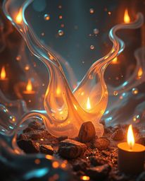 Experience a dreamlike surreal image bathed in the warm glow of candlelight. Glassy, fluid 3D shapes gracefully dance amidst 