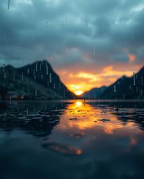 A dynamic, wet rainy scene depicts intricate origami-style reflections of a sunset in a glassy fjord. The image features geom