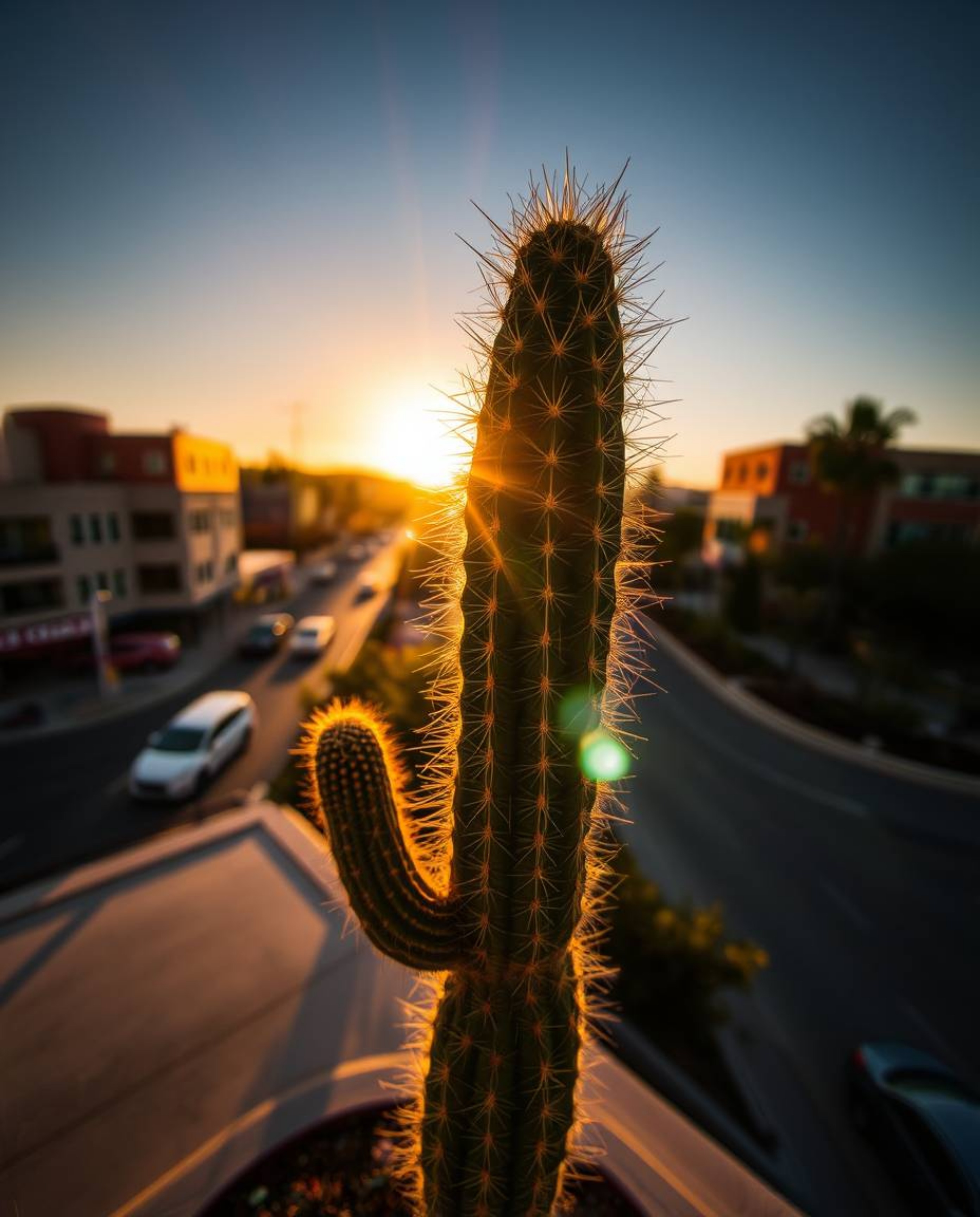 A high-angle candid street photograph captures a desert cactus glowing in the last rays of the sun. This unique shot overlook