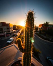 A high-angle candid street photograph captures a desert cactus glowing in the last rays of the sun. This unique shot overlook