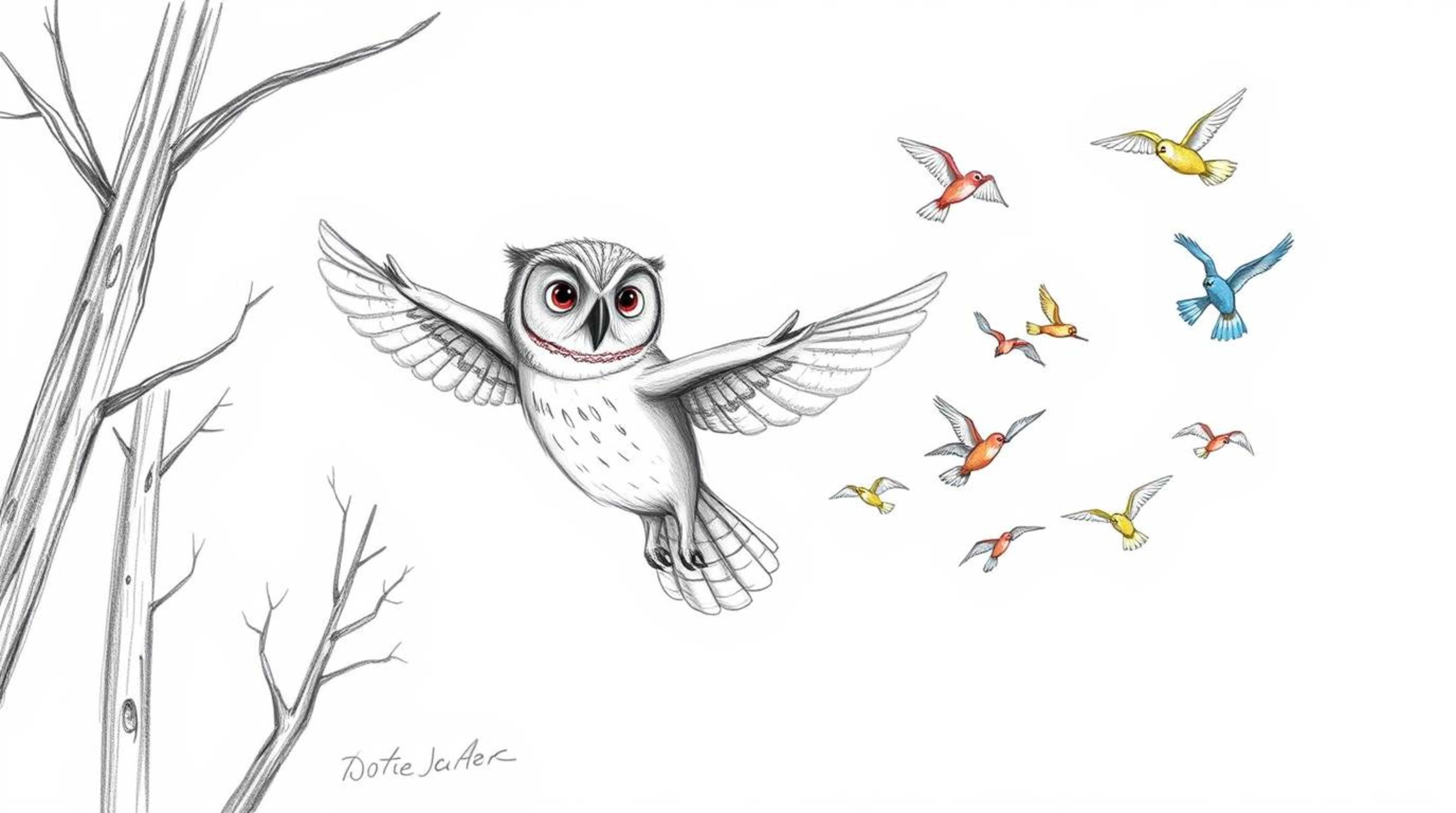 A captivating hand-drawn sketch in the style of Pixar, depicting a wise, blind owl with a serene expression gliding through t