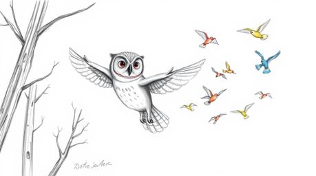A captivating hand-drawn sketch in the style of Pixar, depicting a wise, blind owl with a serene expression gliding through t
