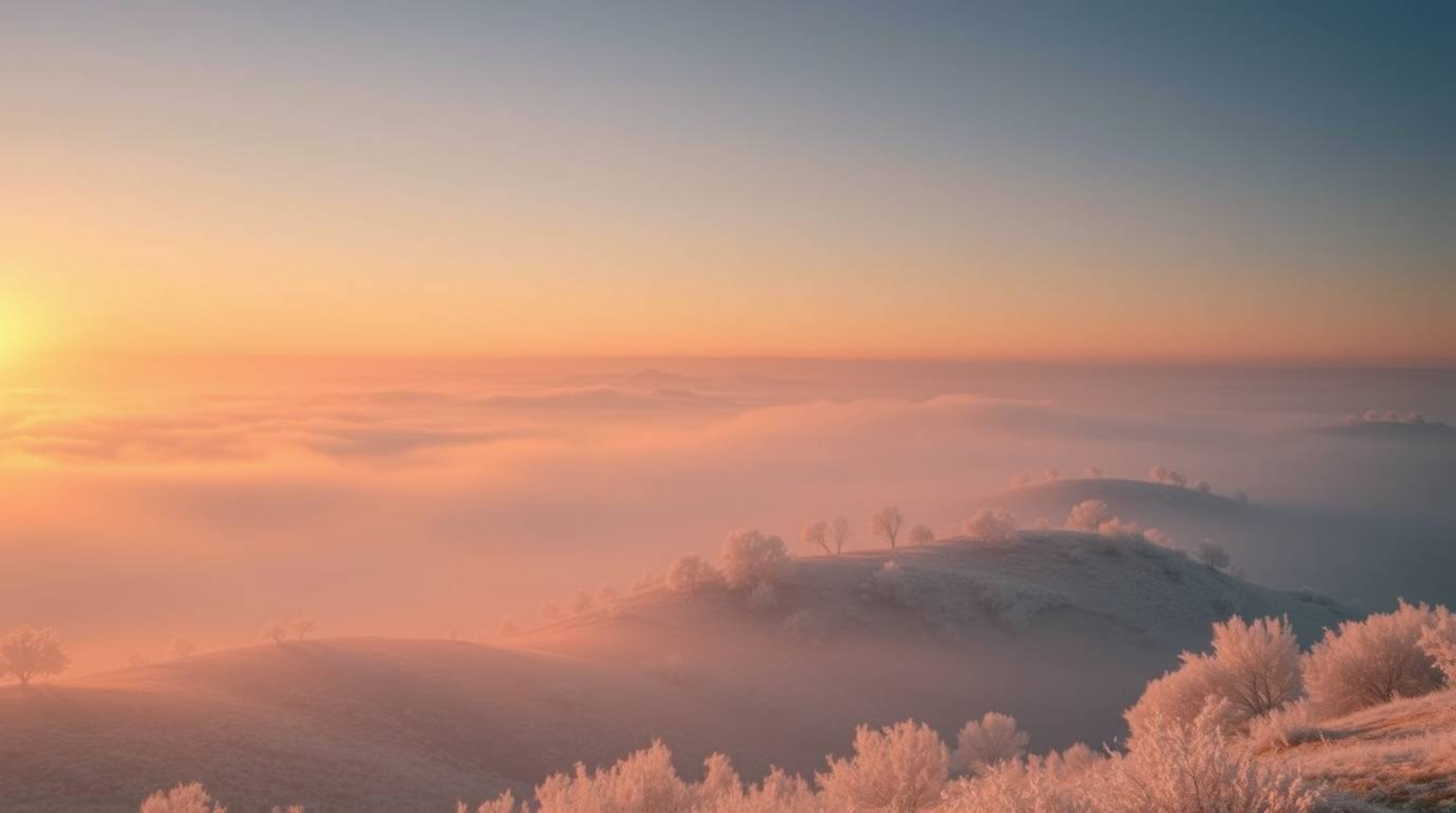 Explore a collection of surreal infrared photographs capturing fog-covered hills at sunset. These images showcase gentle, sof