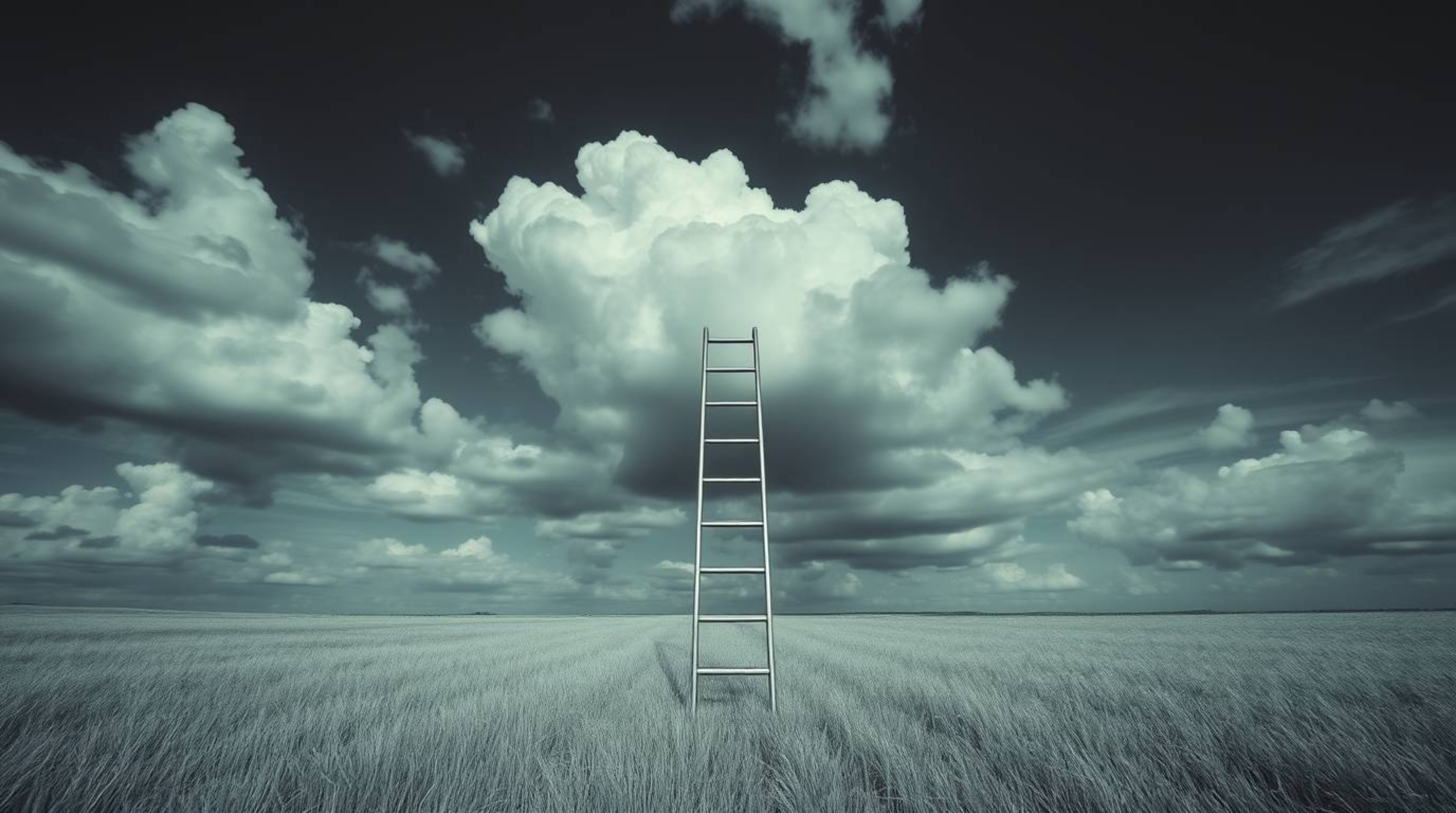 A minimalist scene featuring a silver ladder standing in an open field beneath a cloudy sky, rendered with surreal infrared t
