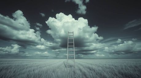 A minimalist scene featuring a silver ladder standing in an open field beneath a cloudy sky, rendered with surreal infrared t