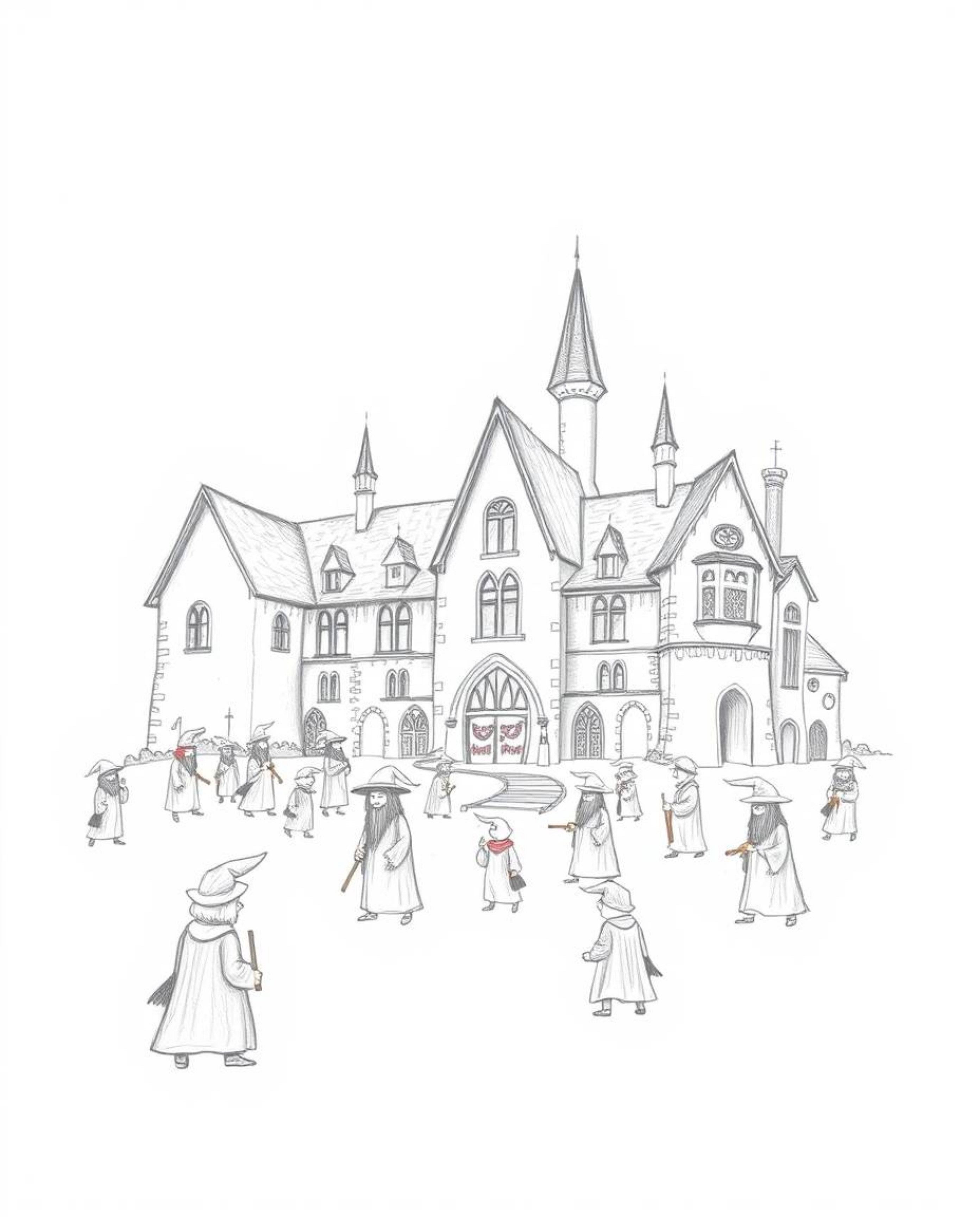 A captivating hand-drawn sketch depicts a magical school brimming with young wizards. The artwork features rough pencil stro