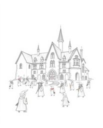 A captivating hand-drawn sketch depicts a magical school brimming with young wizards.  The artwork features rough pencil stro