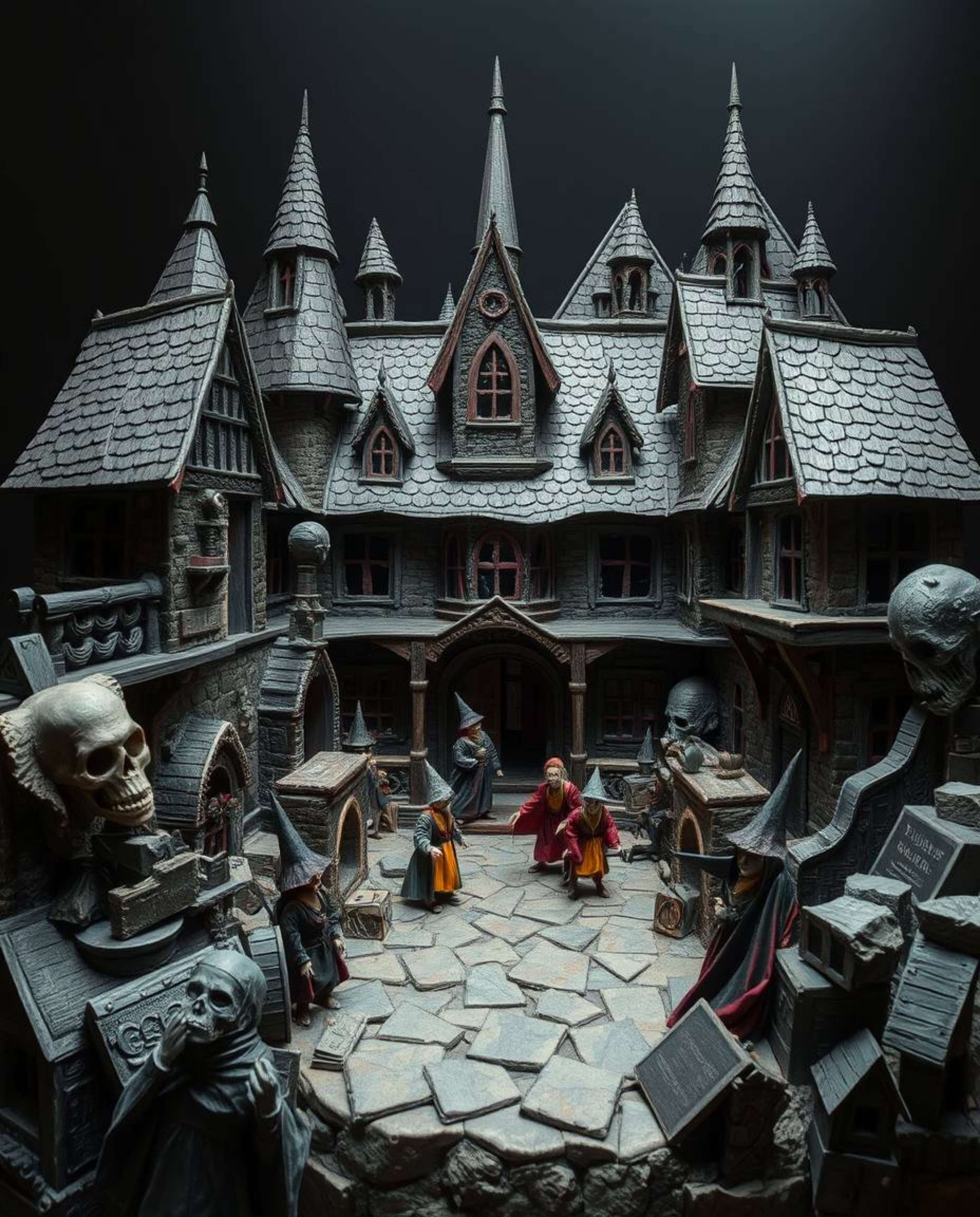 This stunning papier-mâché artwork depicts a magical school teeming with young wizards, crafted with textured layers and dark