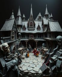 This stunning papier-mâché artwork depicts a magical school teeming with young wizards, crafted with textured layers and dark