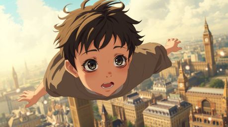 A young boy with expressive features and light skin soars above London, leaving a trail of shimmering pixie dust. This scene 