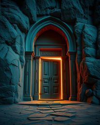 A stunning architectural photograph captures an ancient doorway, etched with glowing runes, embedded within a majestic mounta