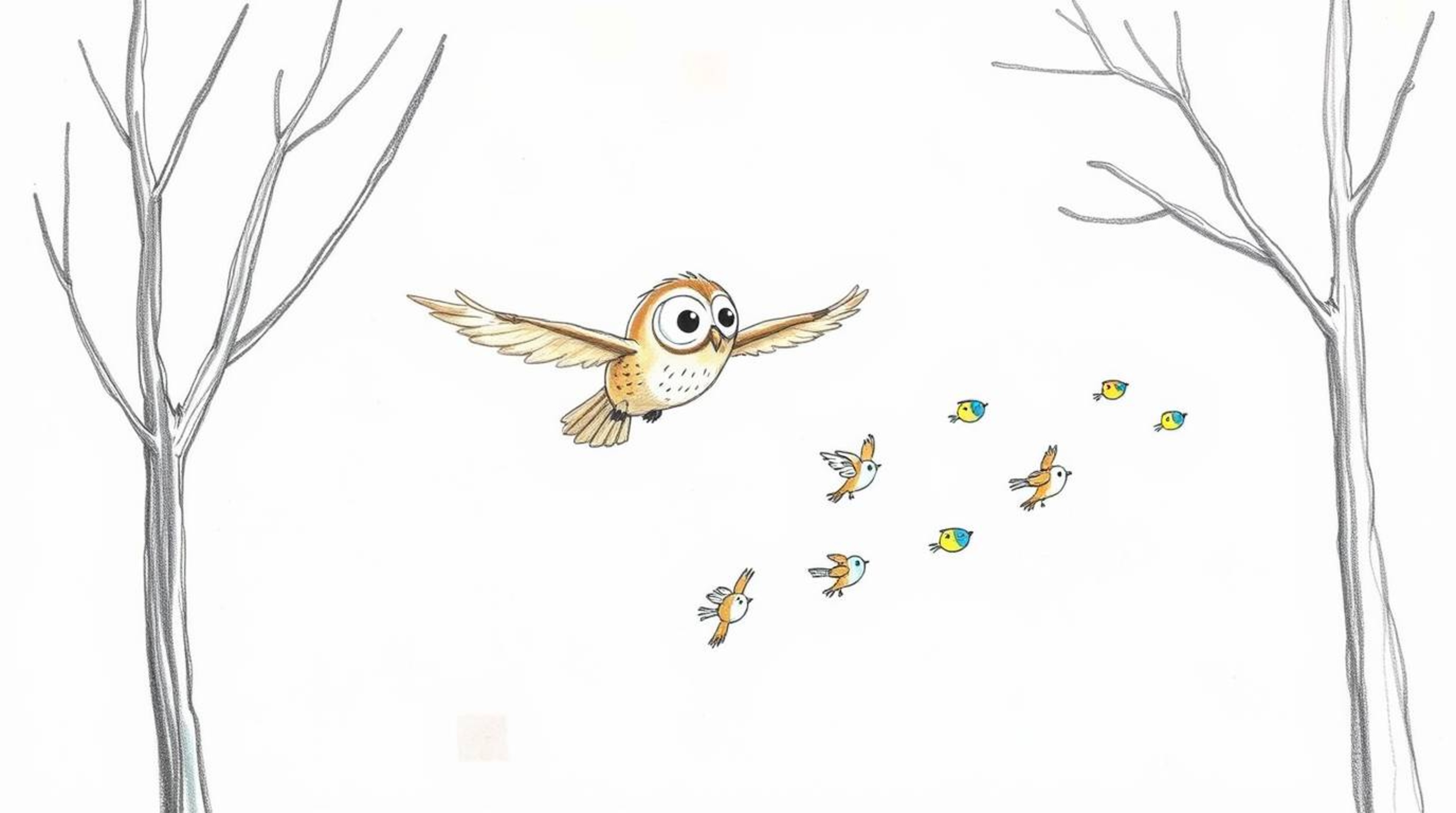 A heartwarming hand-drawn sketch in the style of Pixar depicts a blind owl gracefully gliding between trees, patiently teachi