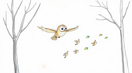 A heartwarming hand-drawn sketch in the style of Pixar depicts a blind owl gracefully gliding between trees, patiently teachi