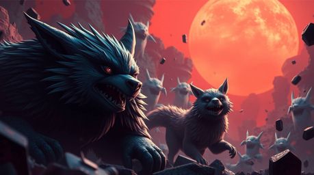 An epic scene showcases a duo of talking animals engaging in mischievous antics. Rendered in rich burgundy and deep blue hues