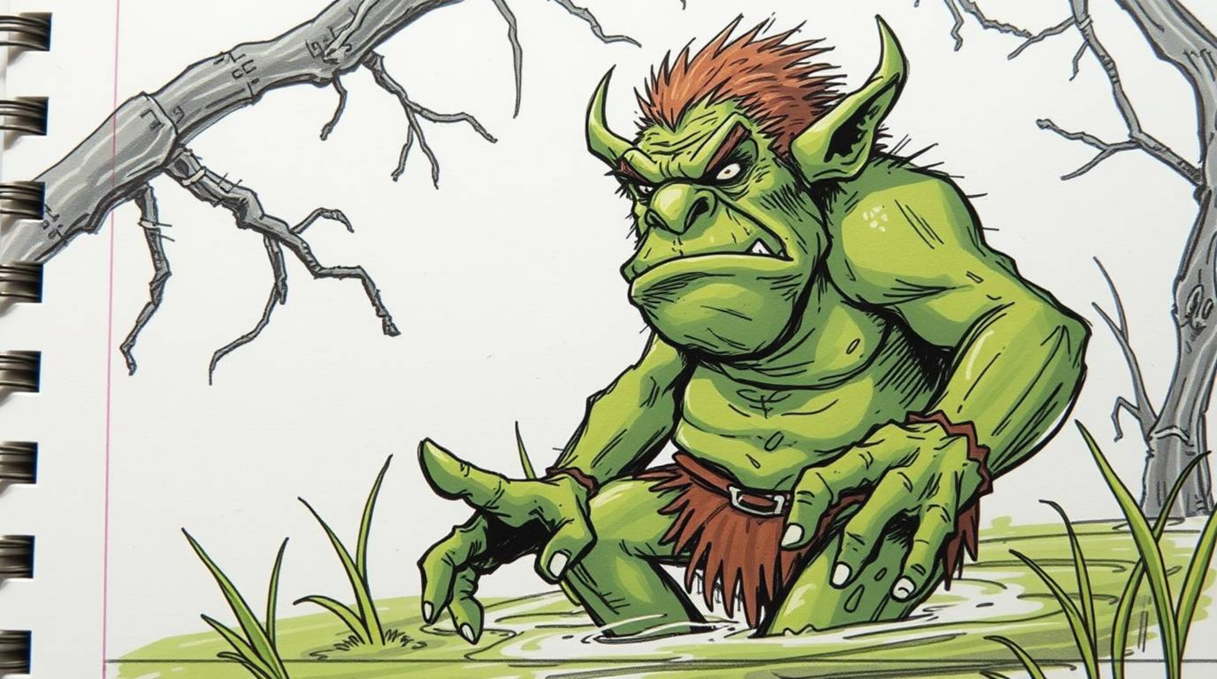 A vibrant, hand-drawn sketchnote showcases a detailed close-up of an ogre joyfully dancing in a swamp.  The illustration is r