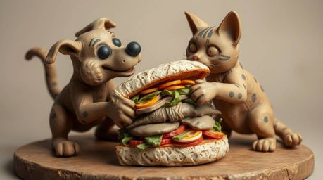 This artwork depicts a playful yet intense struggle between a dog and a cat, both vying for a comically large sandwich. The p