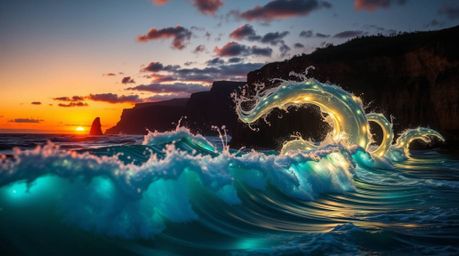 A captivating light art piece showcases waves crashing against cliffs at sunset.  Artistic lighting techniques create abstrac