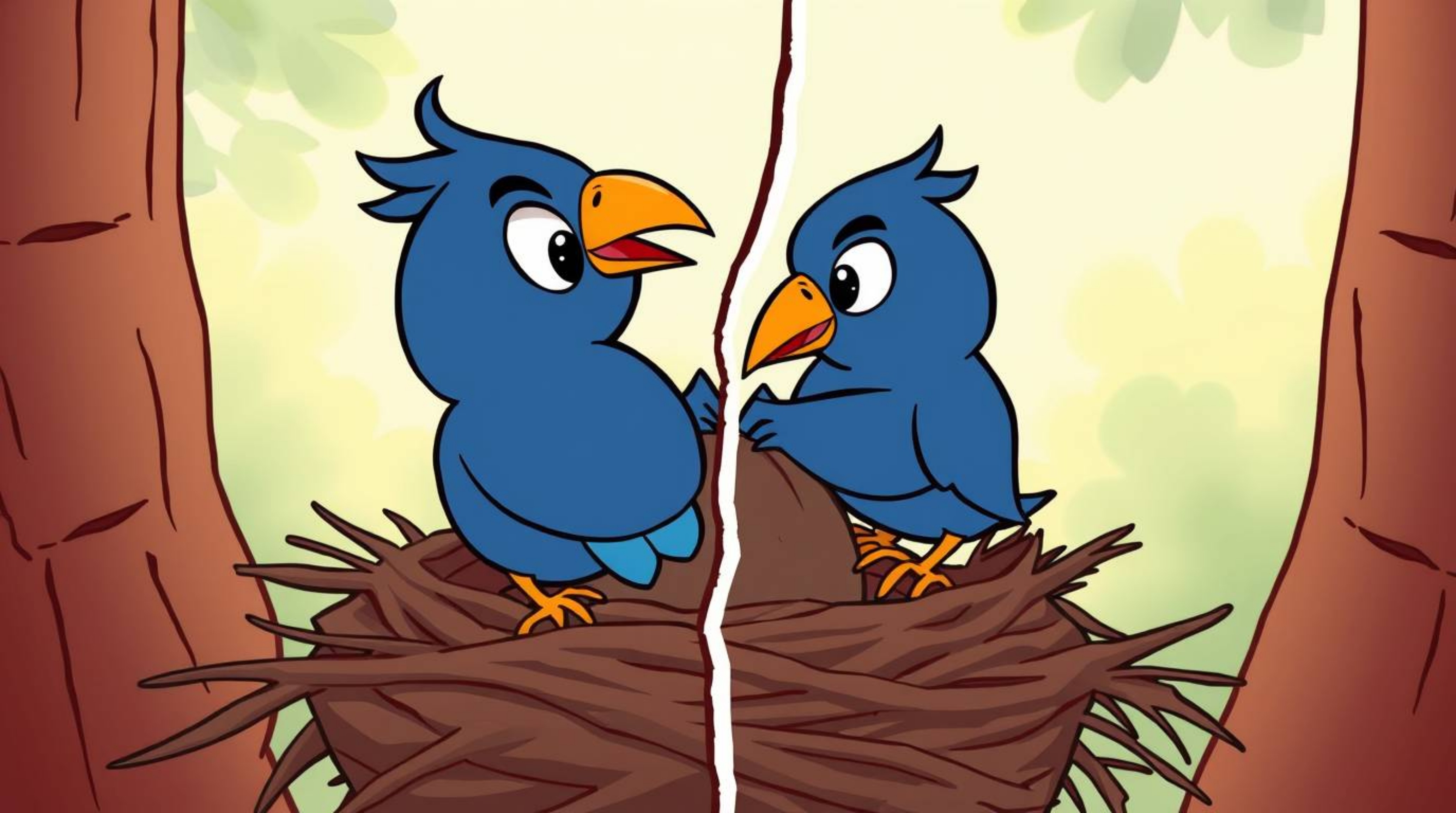 A charming split-screen animation showcasing two cartoon birds diligently constructing a nest. Rendered in a classic animati