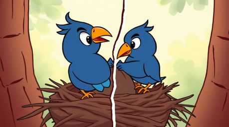 A charming split-screen animation showcasing two cartoon birds diligently constructing a nest. Rendered in a classic animati