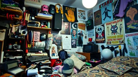 A captivating close-up reveals a messy bedroom brimming with unique gadgets and vibrant posters.  The scene is bathed in a co