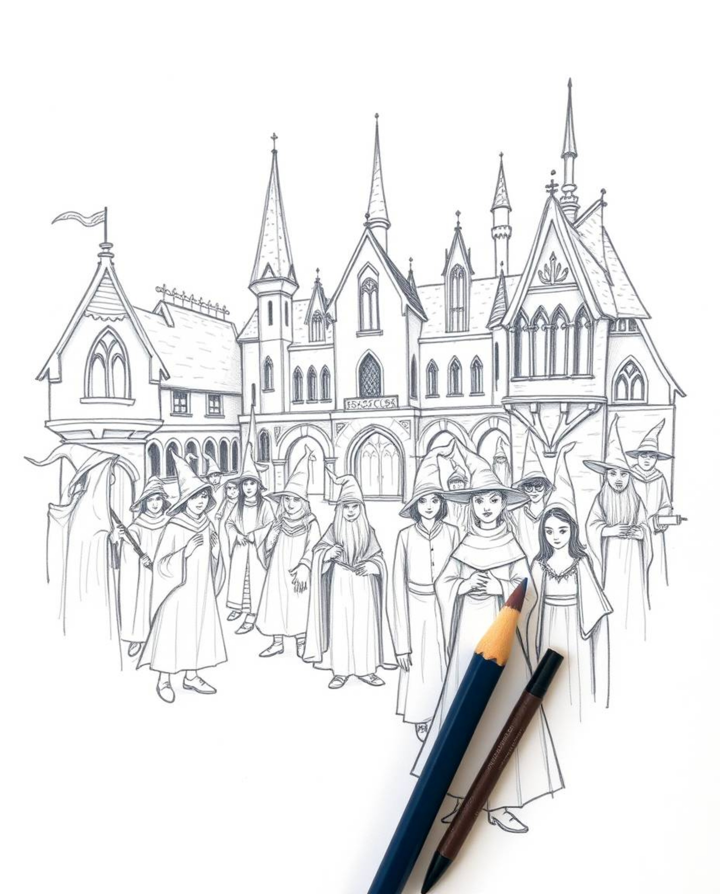 A captivating hand-drawn sketch depicts a magical school brimming with young wizards.  The rough, textured pencil strokes and