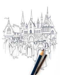 A captivating hand-drawn sketch depicts a magical school brimming with young wizards.  The rough, textured pencil strokes and