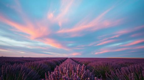 A high-resolution stock photo showcasing dramatic, cinematic style imagery of lavender fields bathed in warm autumn colors. T
