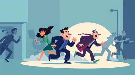 Explore a modern flat design illustration depicting a dynamic chase scene, featuring characters with exaggerated squash and s