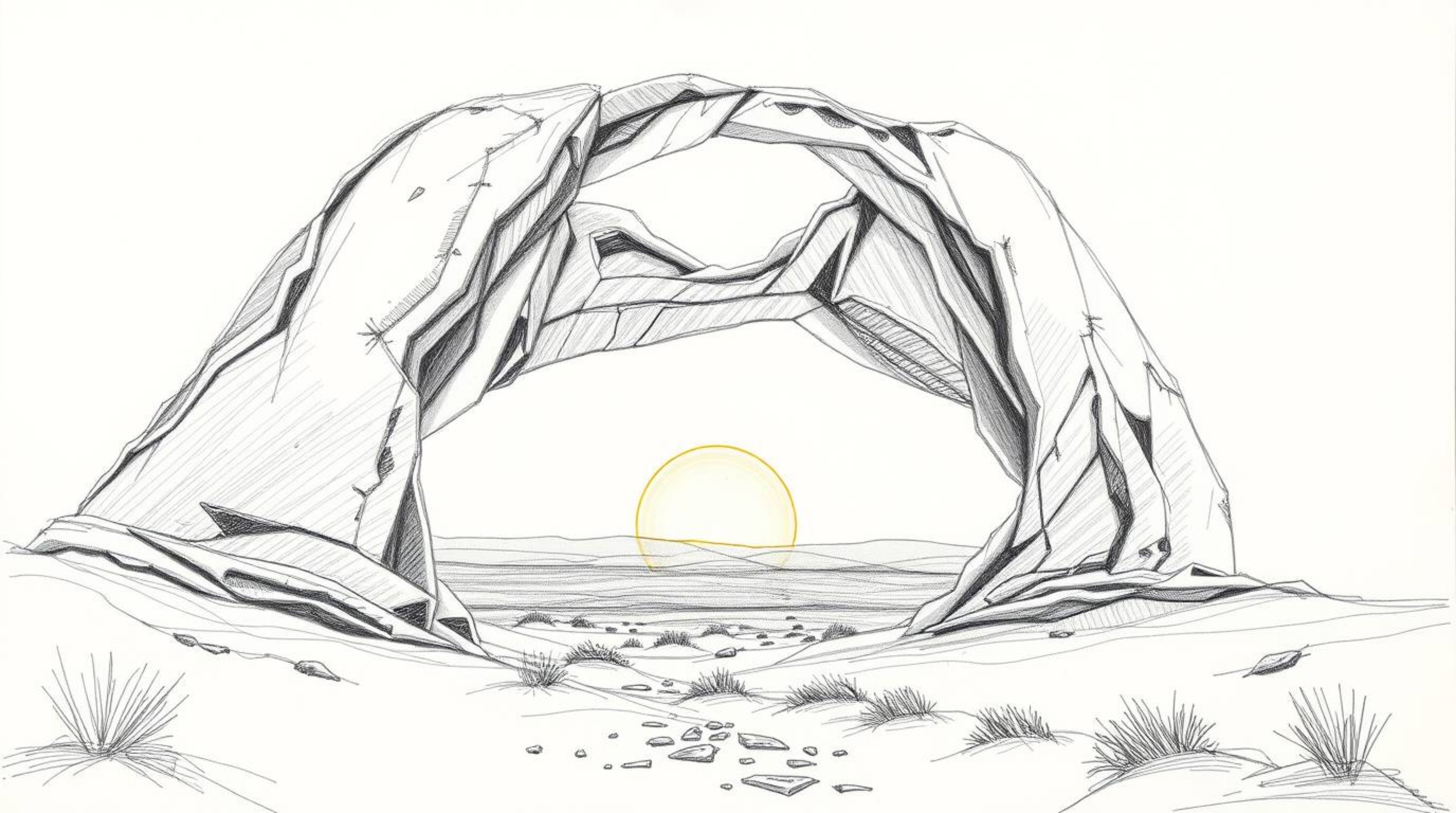 A captivating hand-drawn sketch showcasing a modern future grand scene of a breathtaking sunset viewed through a desert rock 