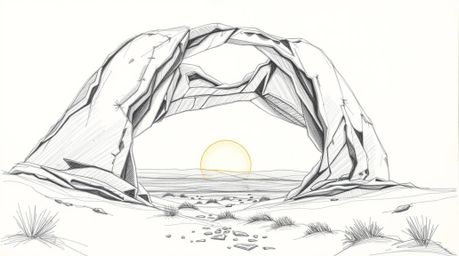 A captivating hand-drawn sketch showcasing a modern future grand scene of a breathtaking sunset viewed through a desert rock 