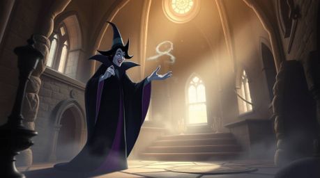 A captivating image of a classic Disney villain casting a spell within the walls of an ancient castle. The scene is bathed i