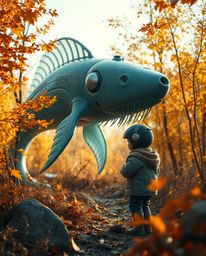 A captivating photograph blending futuristic sci-fi elements with a warm autumnal setting, depicting a unique friendship betw