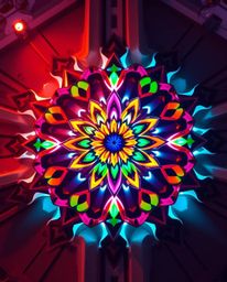 Stunning architectural color photography captures a charming geometric floral mandala.  The image showcases creative light ar