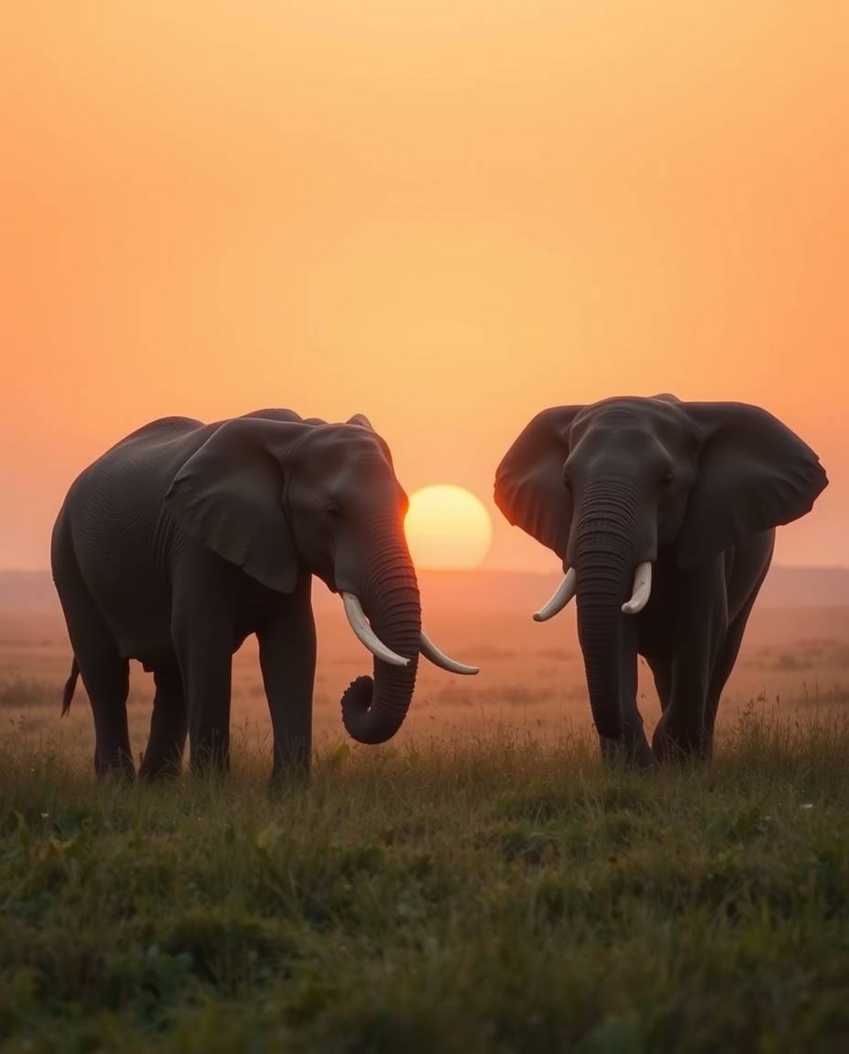Ethereal elephants walking across a sunset field, featuring smooth gradient color transitions, a spiritual vibe, a light aura
