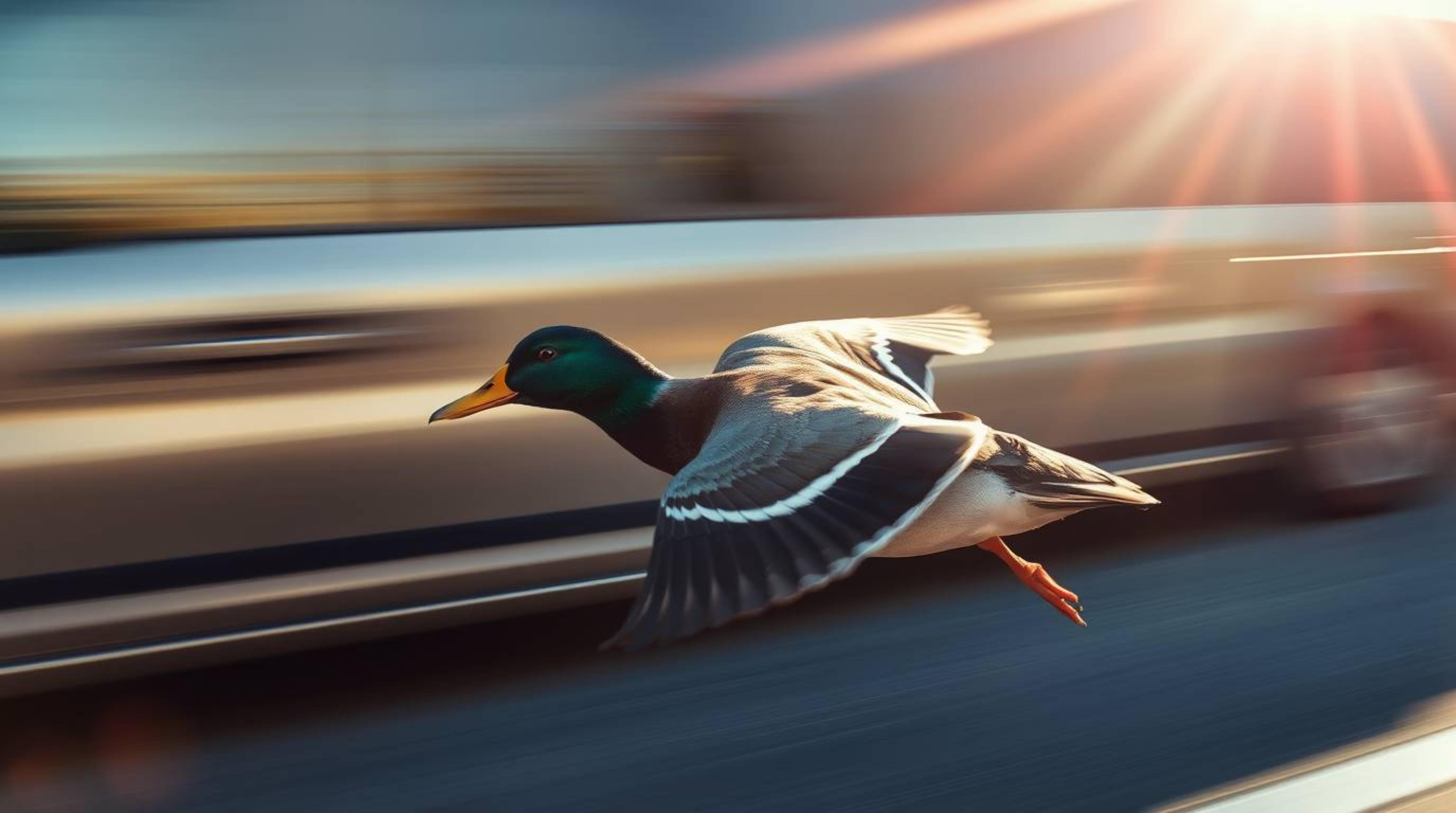Witness the breathtaking sight of a fast-running bird adorned with rich, deep teal plumage as it zooms past blurred traffic. 