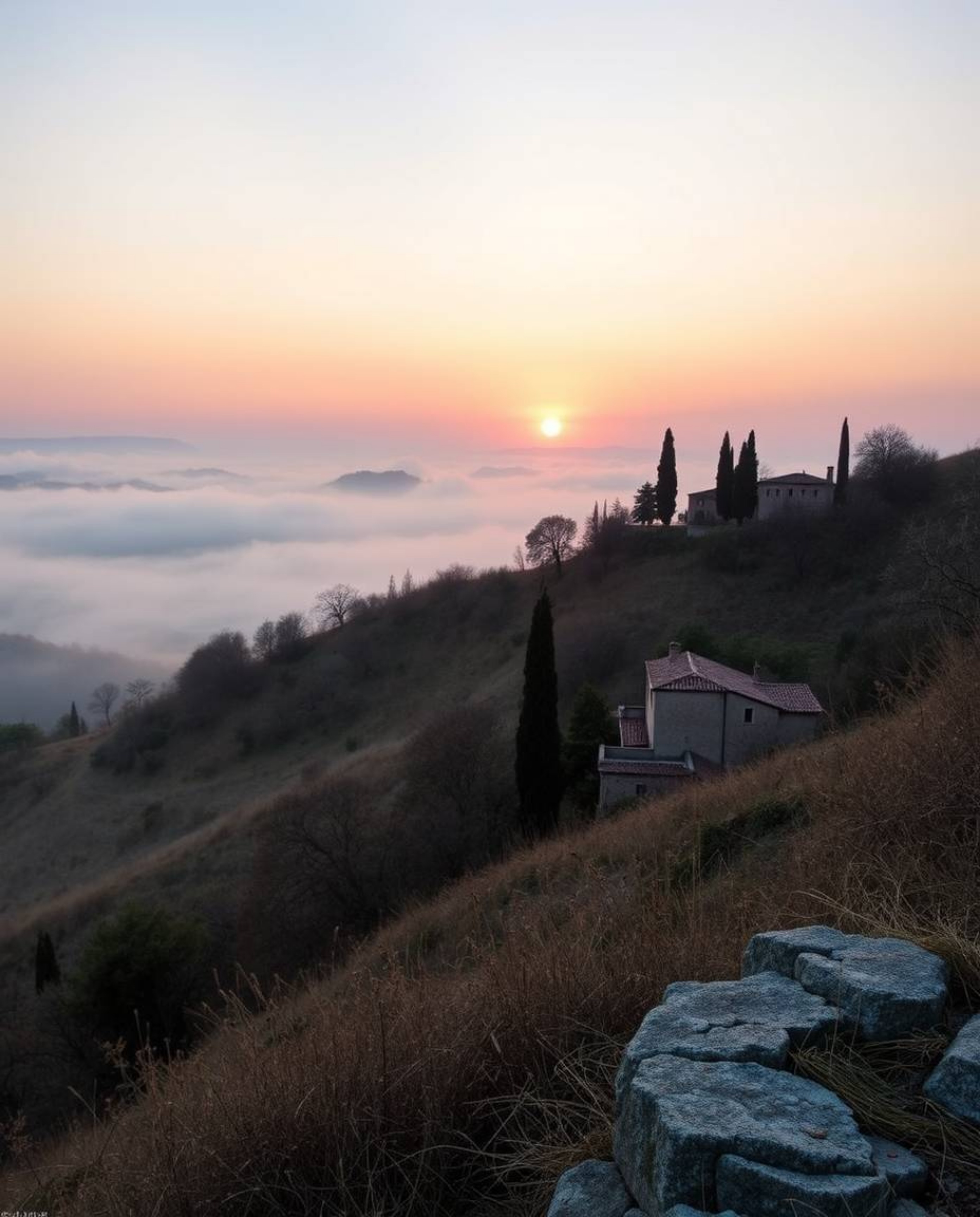 An unusual, original fine art photograph of a Tuscan sunset over misty hills, viewed from a high angle perspective. Soft past