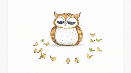 A whimsical, hand-drawn sketch in the style of Pixar animation depicts a large, blind owl with soft, brown feathers peacefull