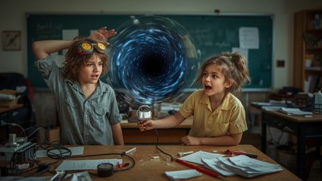 In a vibrant, cinematic photograph rendered in a hyper-realistic, Pixar-inspired style, a dynamic science fair duo unwittingl