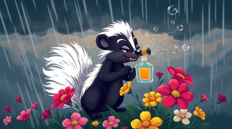 A whimsical yet dramatic scene unfolds featuring a cartoon skunk delicately spraying perfume onto flowers under intense, stor