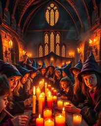 Step into a magical school where young wizards learn and grow, bathed in the warm glow of candlelight and vibrant electric co