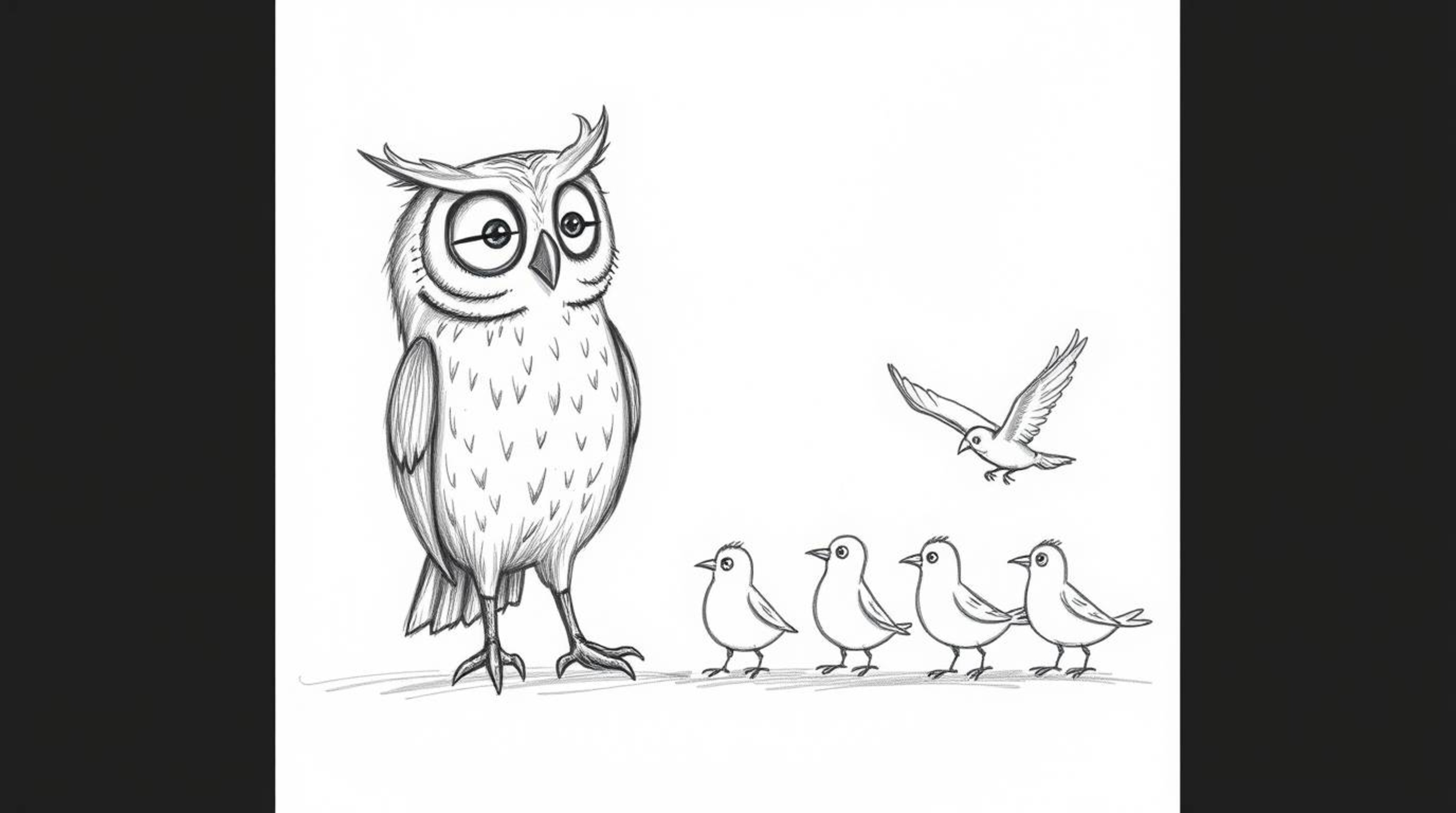 A heartwarming hand-drawn sketch in the style of Pixar animation depicts a blind owl, radiating gentle wisdom, guiding severa