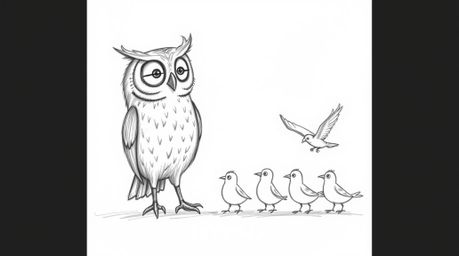 A heartwarming hand-drawn sketch in the style of Pixar animation depicts a blind owl, radiating gentle wisdom, guiding severa