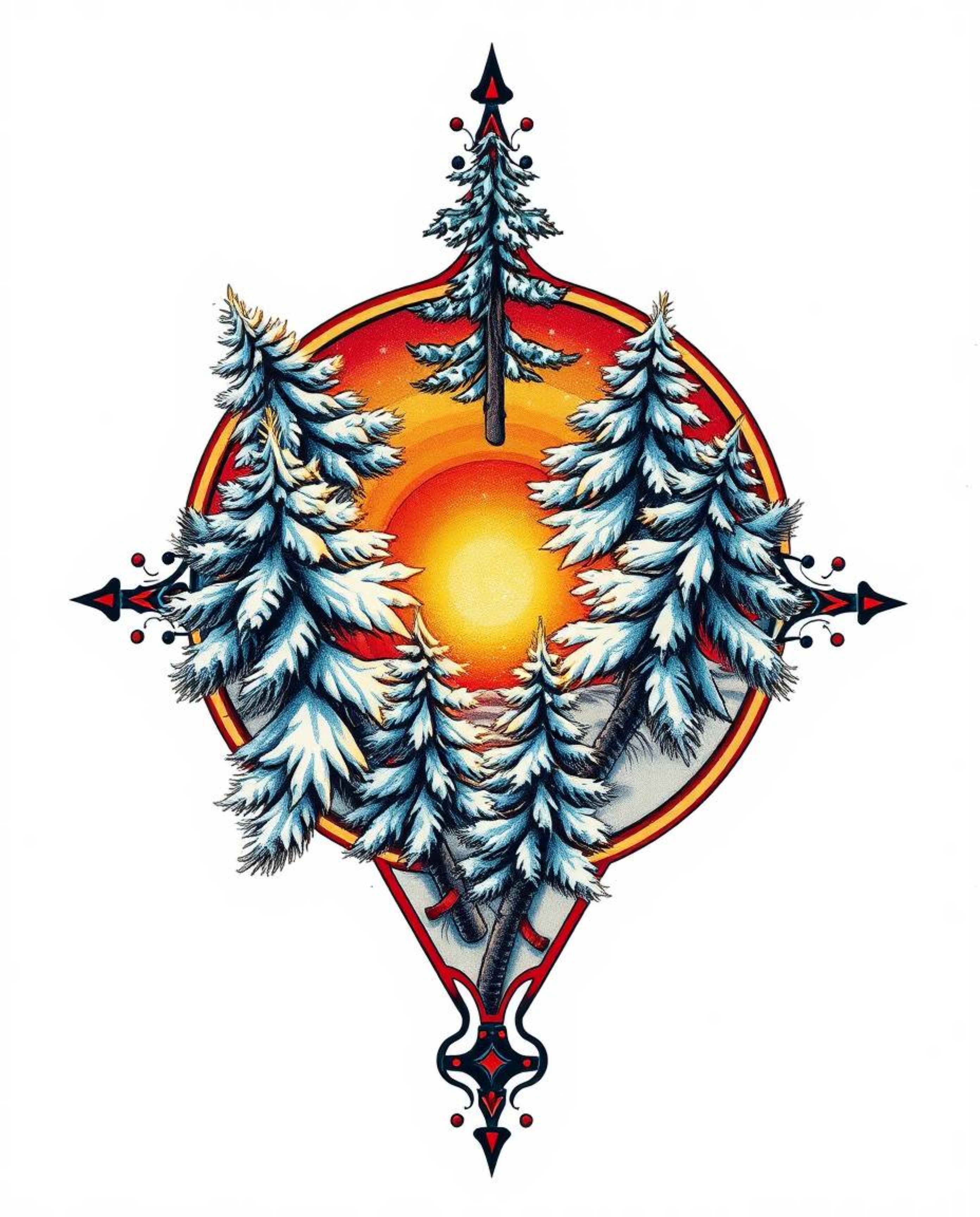 An overhead bird’s-eye view captures a symbolic traditional tattoo art print depicting sunset light sparkling on snowy pine t