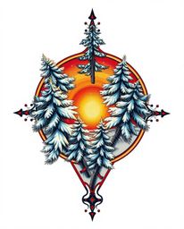 An overhead bird’s-eye view captures a symbolic traditional tattoo art print depicting sunset light sparkling on snowy pine t