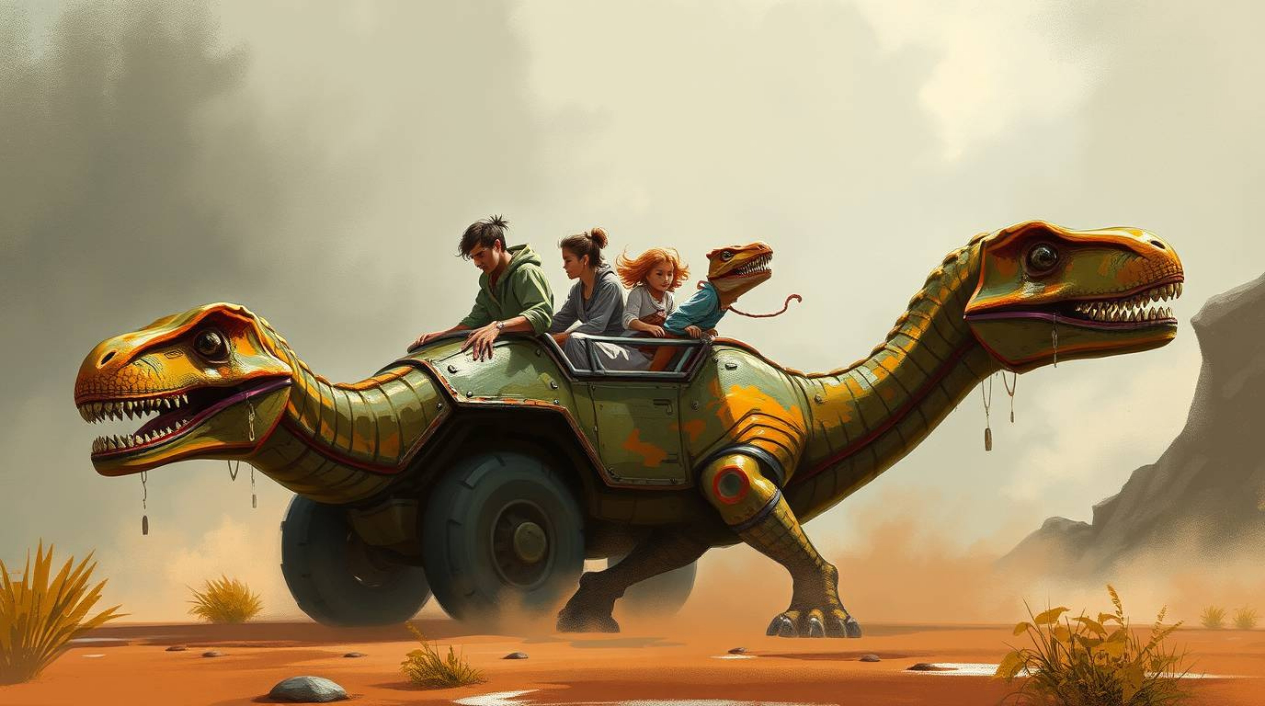 Explore a grand, epic scene brought to life through digital sketching. This captivating image depicts a prehistoric family jo