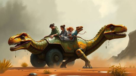 Explore a grand, epic scene brought to life through digital sketching. This captivating image depicts a prehistoric family jo