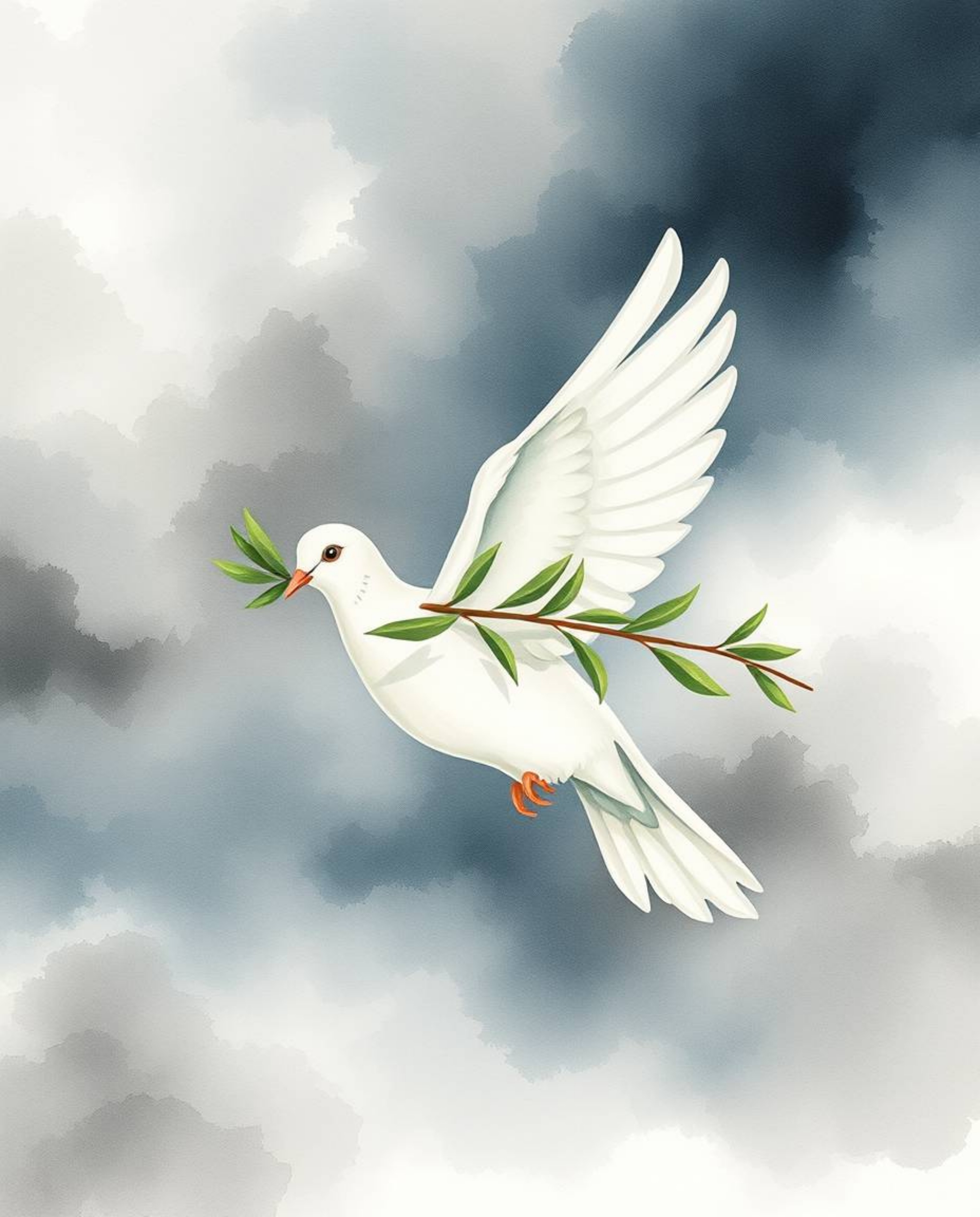 This artwork depicts a dove carrying an olive branch, bravely navigating stormy skies.  Rendered in delicate watercolor, the 