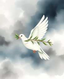 This artwork depicts a dove carrying an olive branch, bravely navigating stormy skies.  Rendered in delicate watercolor, the 